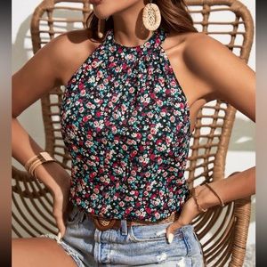 Boho floral print halter neck  sleeveless blouse